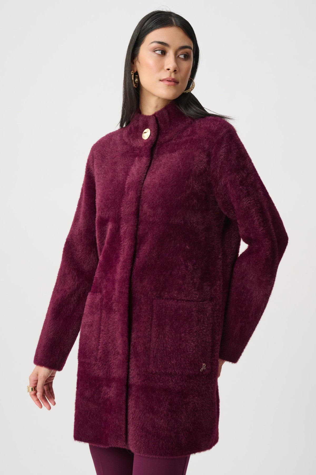 Front view of Joseph Ribkoff Feather Yarn Mock Neck Coat - Style 263955 in elderberry