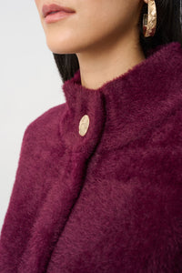 Neck view of Joseph Ribkoff Feather Yarn Mock Neck Coat - Style 263955 in elderberry