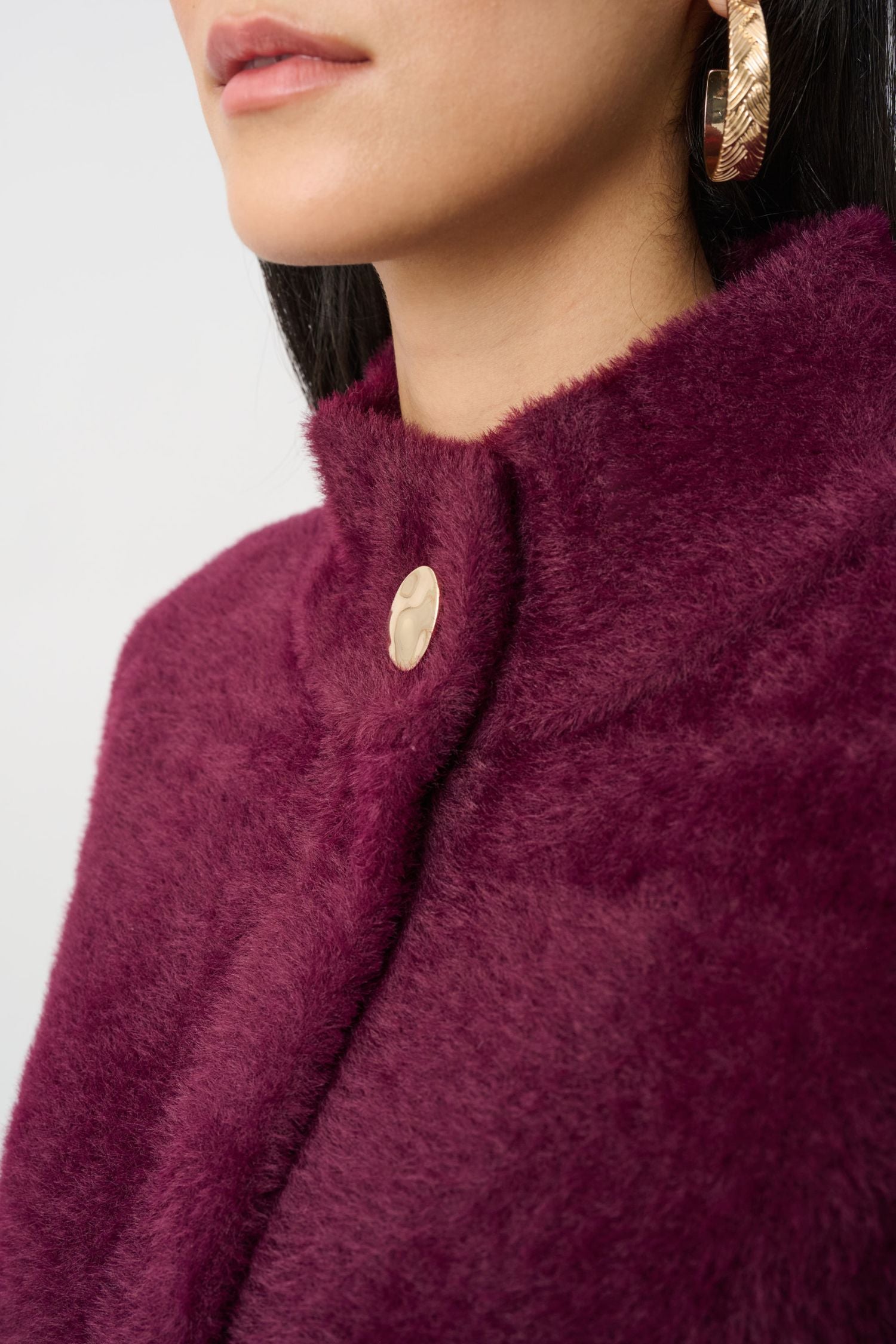 Neck view of Joseph Ribkoff Feather Yarn Mock Neck Coat - Style 263955 in elderberry