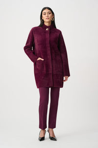 Outfit view of Joseph Ribkoff Feather Yarn Mock Neck Coat - Style 263955 in elderberry