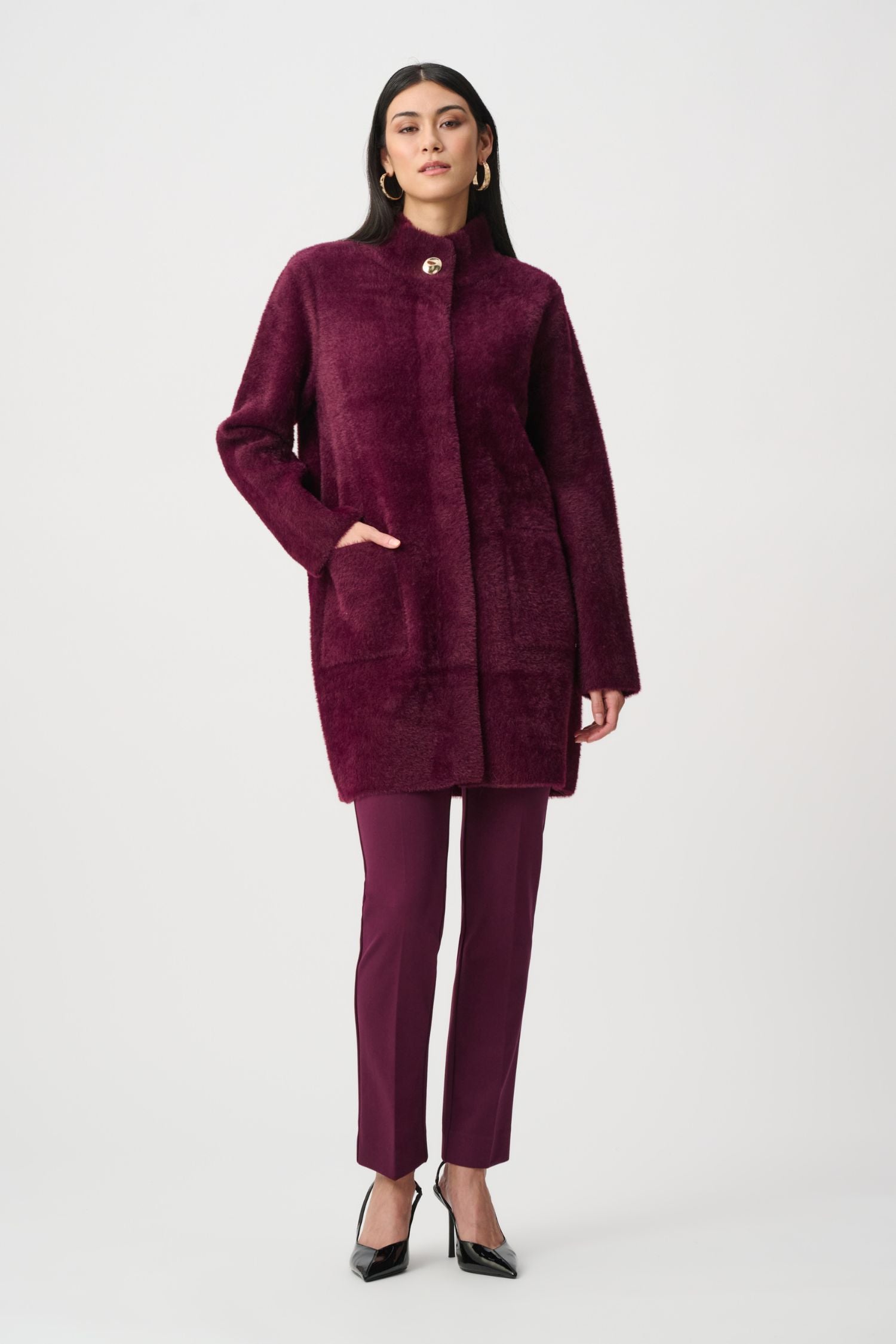 Outfit view of Joseph Ribkoff Feather Yarn Mock Neck Coat - Style 263955 in elderberry