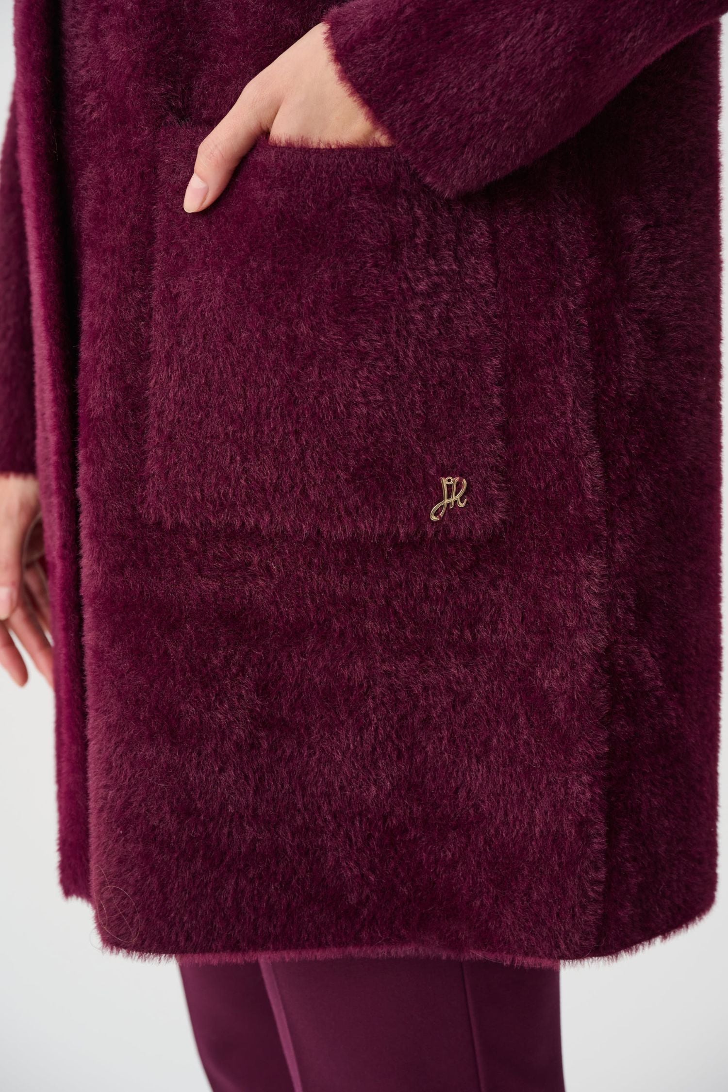 Pocket view of Joseph Ribkoff Feather Yarn Mock Neck Coat - Style 263955 in elderberry