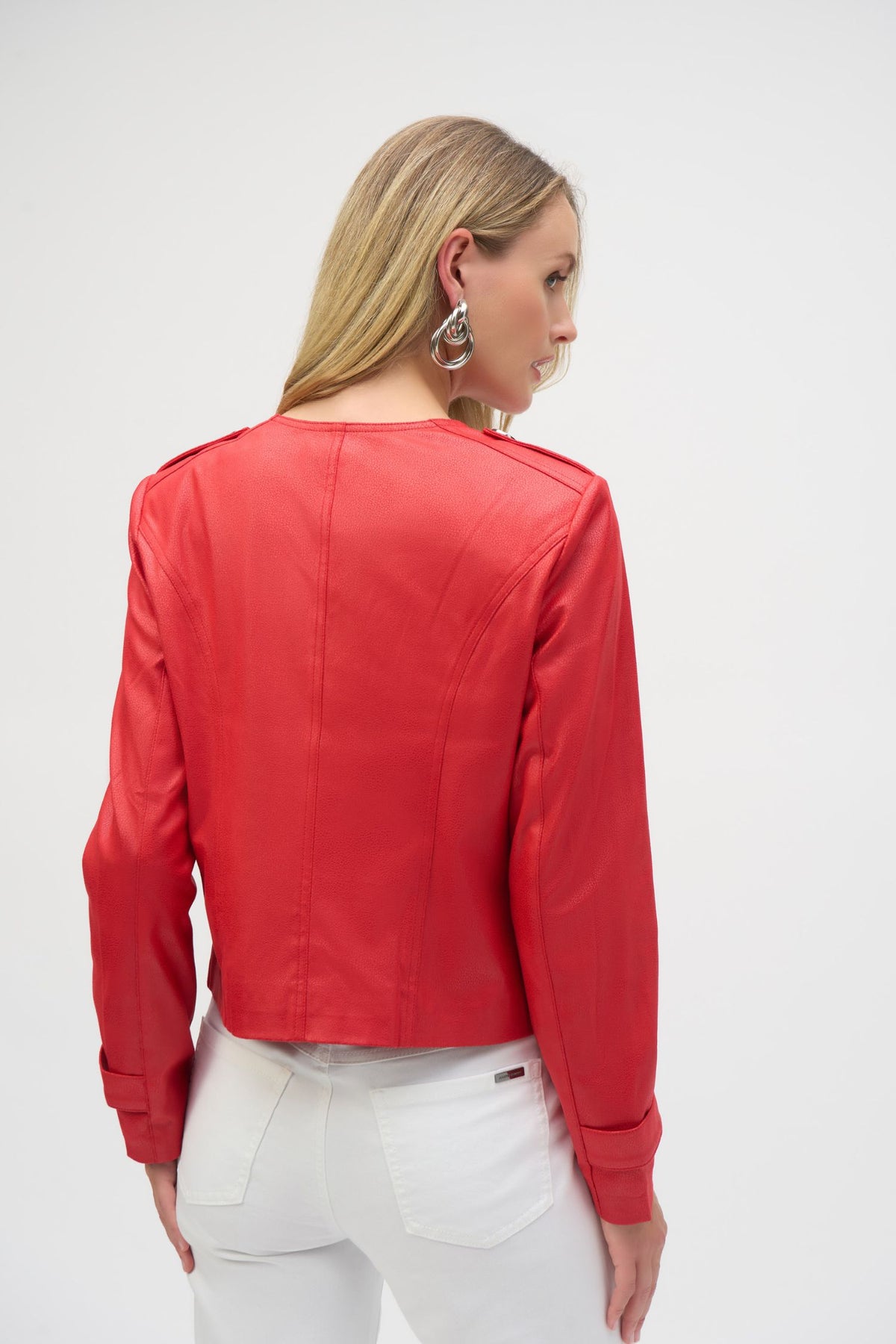 Back view of Joseph Ribkoff Foiled Faux Suede Boxy Jacket - Style 252918 in red