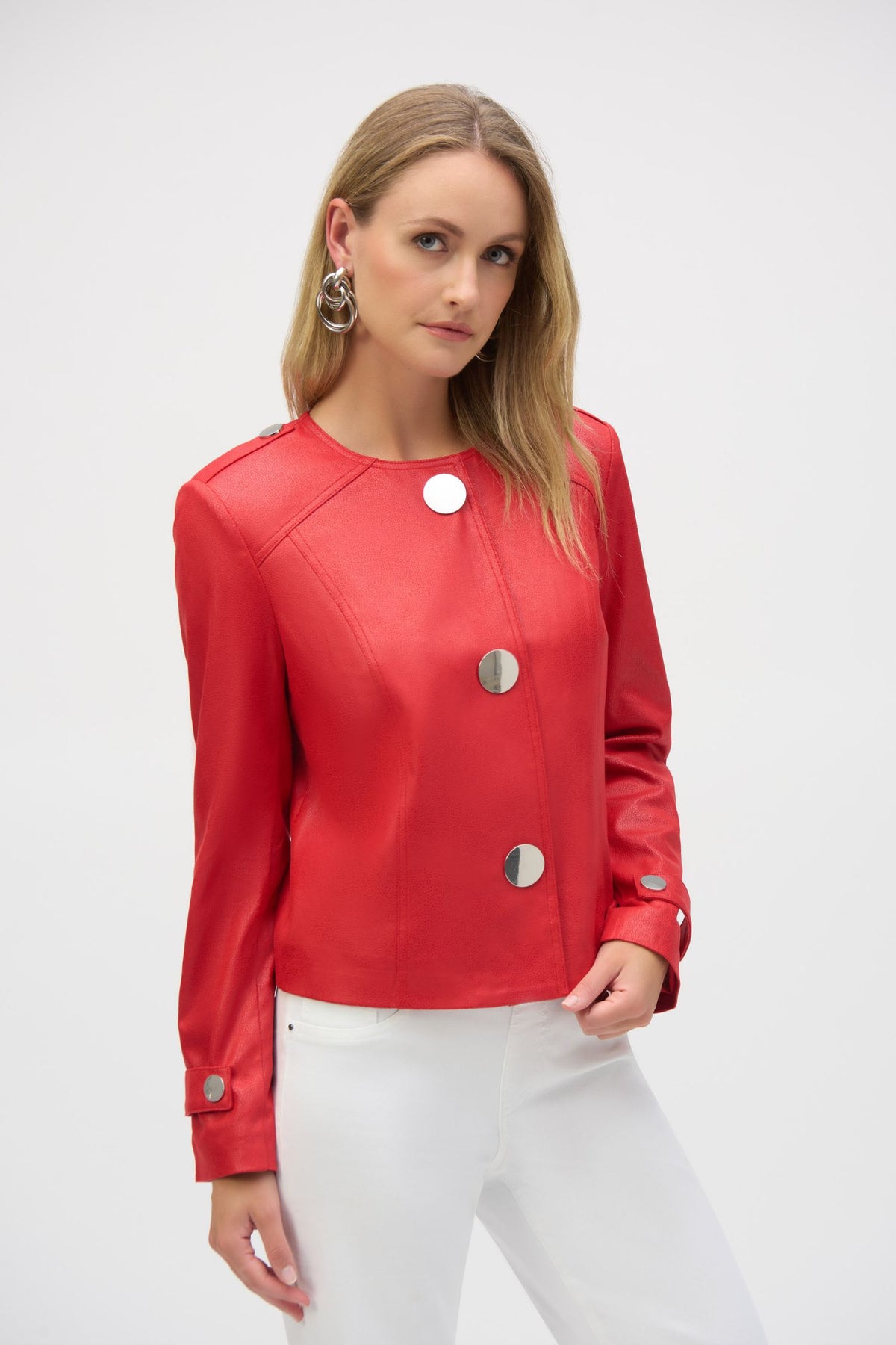 Front view of Joseph Ribkoff Foiled Faux Suede Boxy Jacket - Style 252918 in red