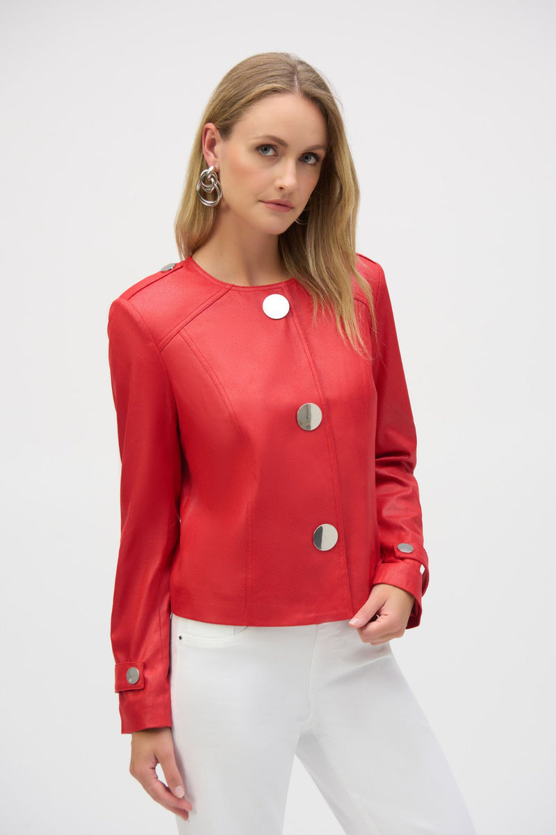 Front view of Joseph Ribkoff Foiled Faux Suede Boxy Jacket - Style 252918 in red
