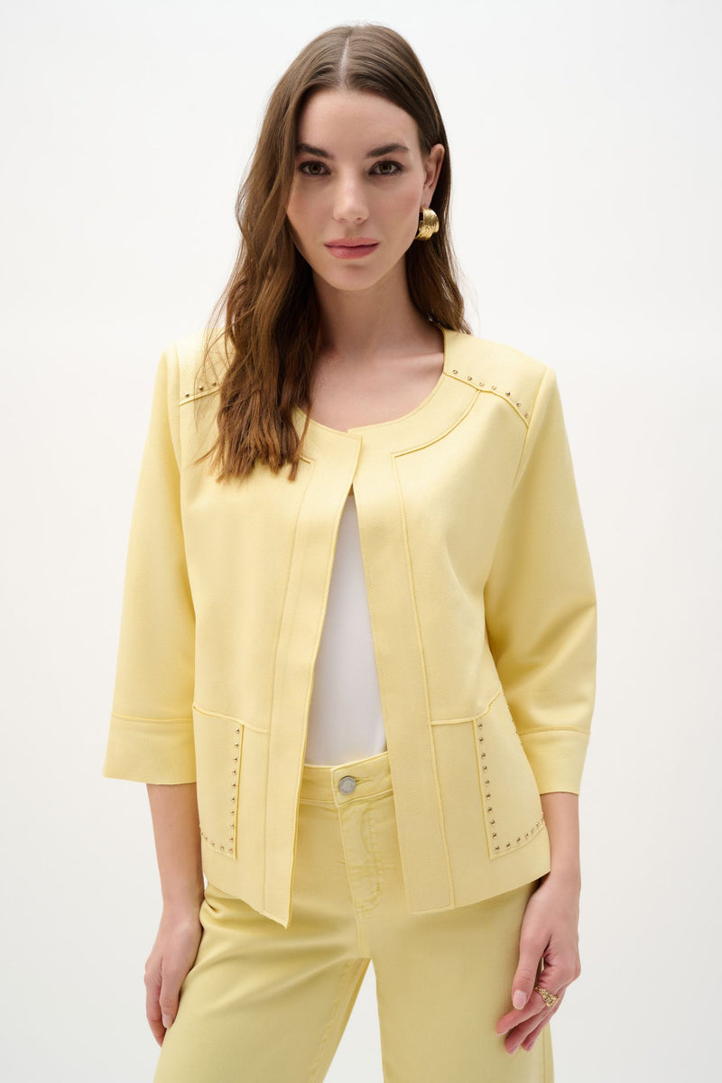 Front view of Joseph Ribkoff Foiled Scuba Suede Jacket - 262905-MY in yellow