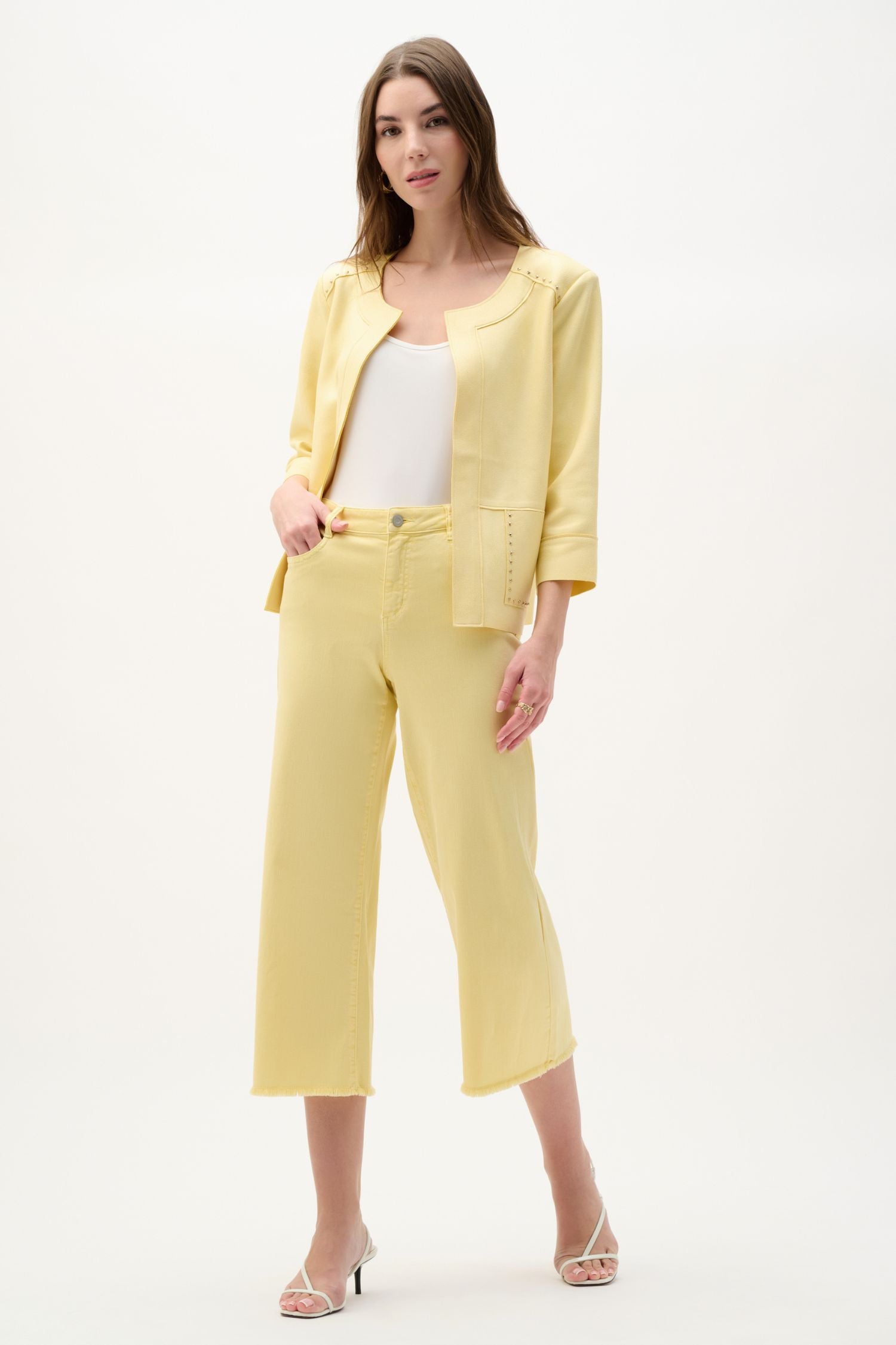 Outfit view of Joseph Ribkoff Foiled Scuba Suede Jacket - 262905-MY in yellow