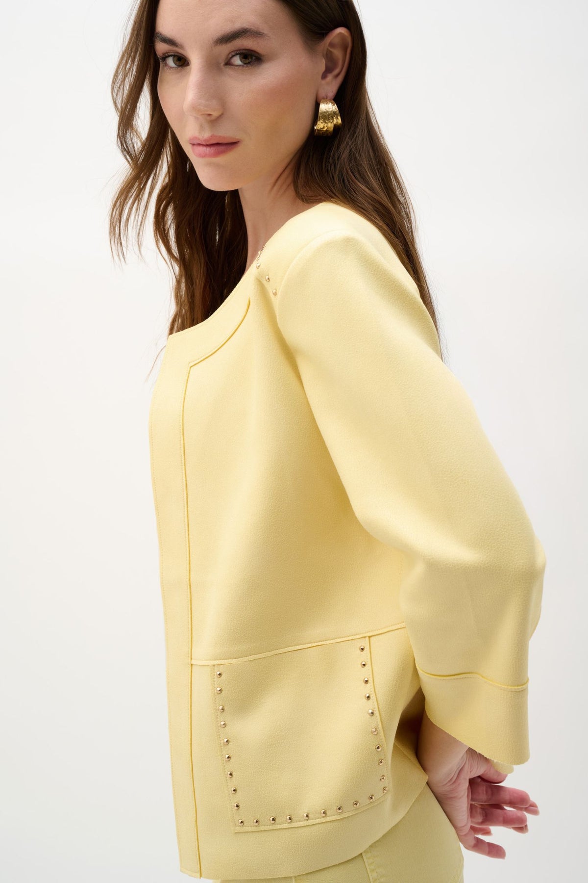 Side view of Joseph Ribkoff Foiled Scuba Suede Jacket - 262905-MY in yellow
