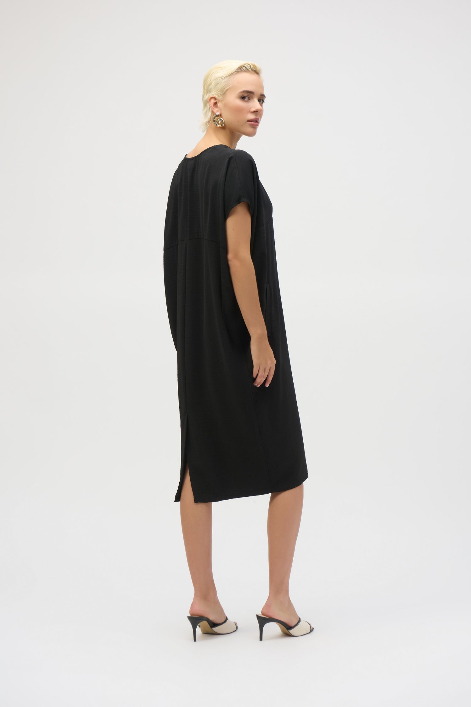 Back view of Joseph Ribkoff Gauze Short Sleeve Cocoon Dress - Style 252160 in black
