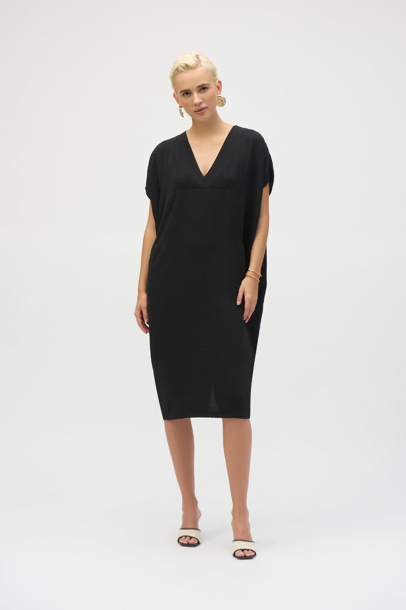 Front view of Joseph Ribkoff Gauze Short Sleeve Cocoon Dress - Style 252160 in black
