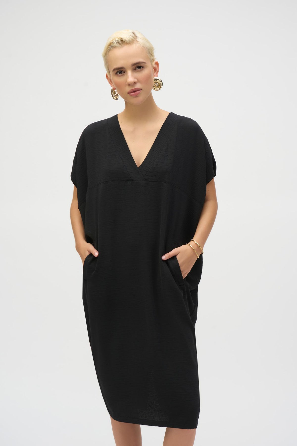 Closeup front view of Joseph Ribkoff Gauze Short Sleeve Cocoon Dress - Style 252160 in black