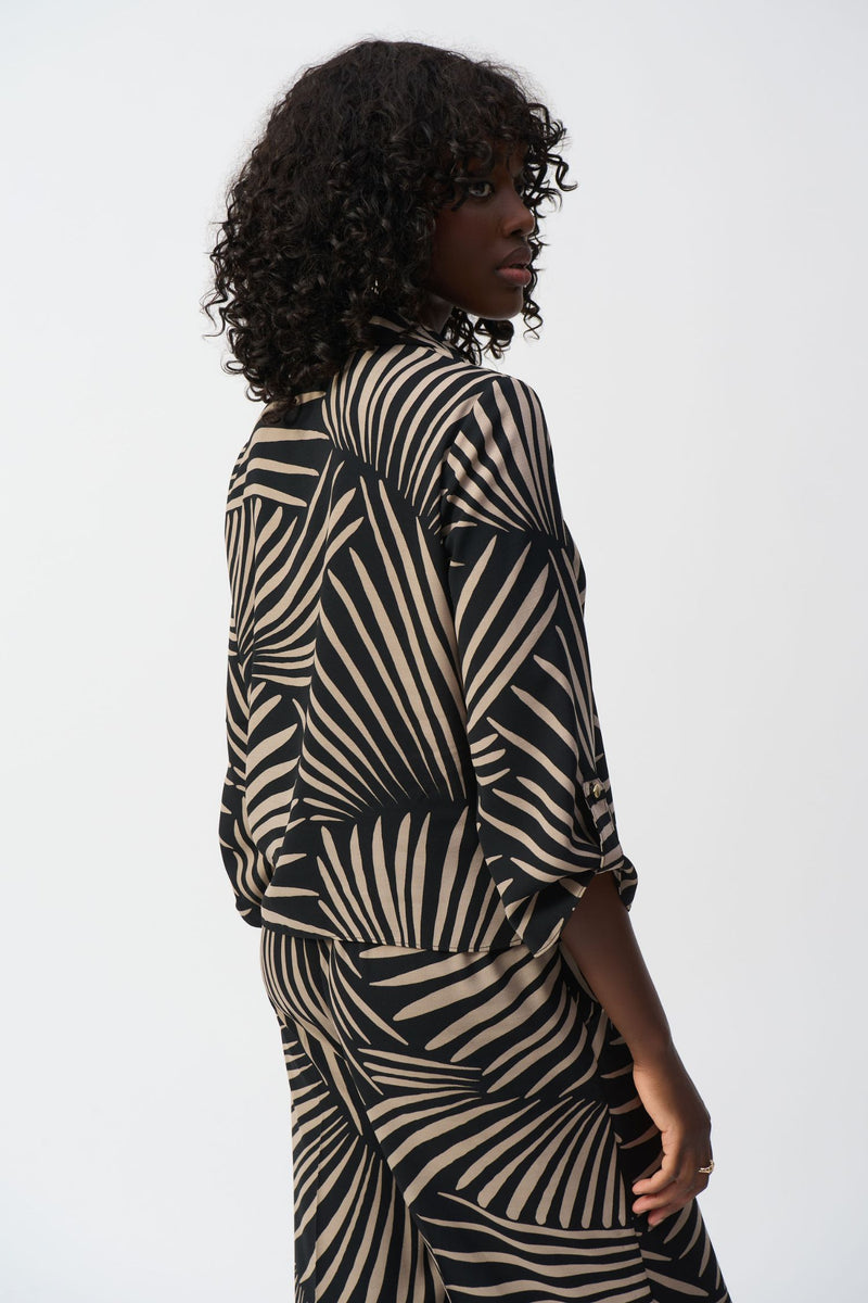 Back view of Joseph Ribkoff Gauze Tropical Print Top with Tie - Style 251083-BLK/DN