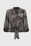 Front view, no model, of Joseph Ribkoff Gauze Tropical Print Top with Tie - Style 251083-BLK/DN