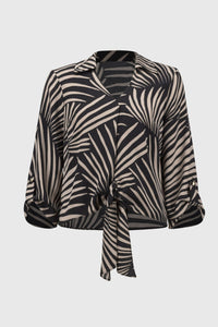 Front view, no model, of Joseph Ribkoff Gauze Tropical Print Top with Tie - Style 251083-BLK/DN