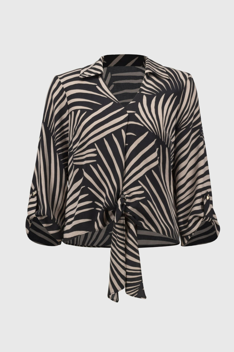 Front view, no model, of Joseph Ribkoff Gauze Tropical Print Top with Tie - Style 251083-BLK/DN