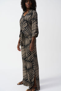 Full outfit side view of Joseph Ribkoff Gauze Tropical Print Top with Tie - Style 251083-BLK/DN