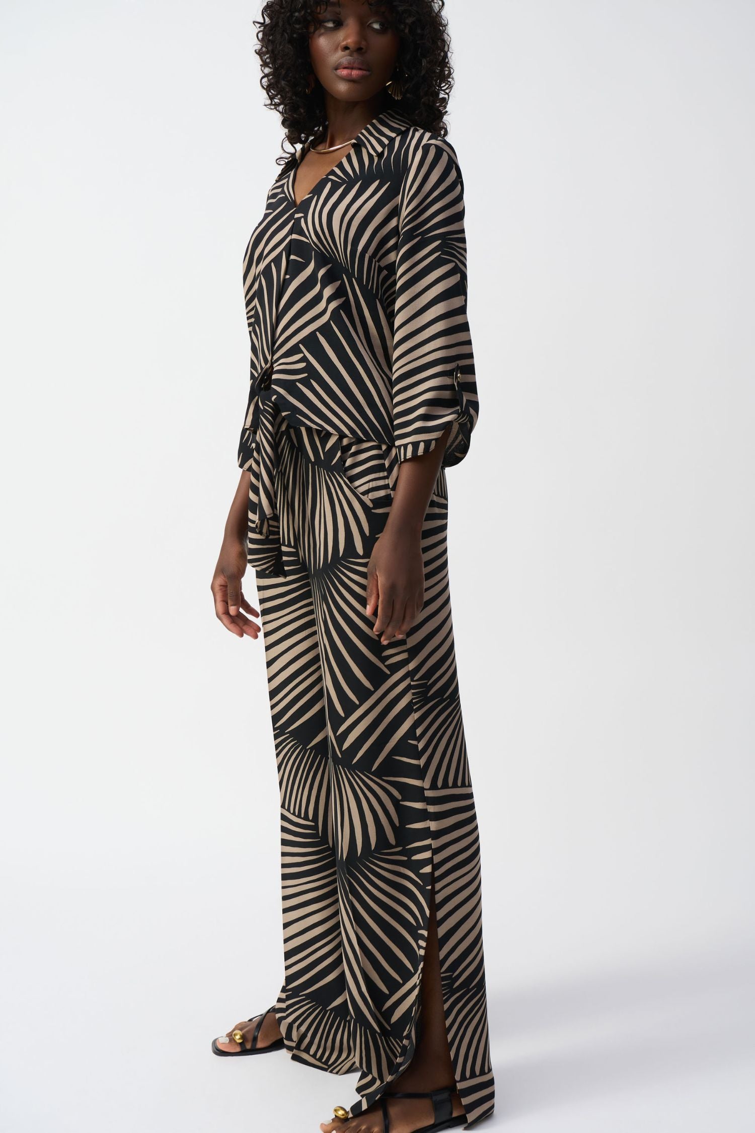 Full outfit side view of Joseph Ribkoff Gauze Tropical Print Top with Tie - Style 251083-BLK/DN