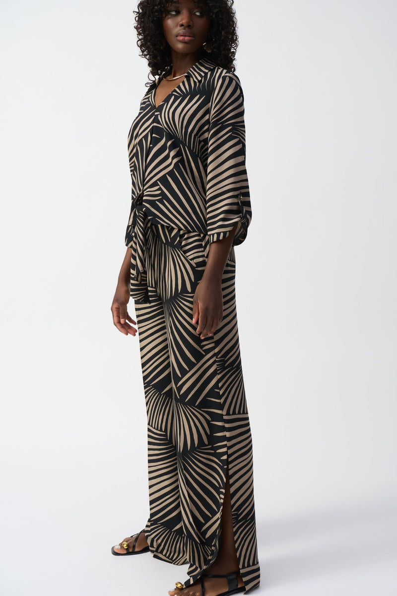 Full outfit side view of Joseph Ribkoff Gauze Tropical Print Top with Tie - Style 251083-BLK/DN