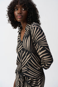 Side view of Joseph Ribkoff Gauze Tropical Print Top with Tie - Style 251083-BLK/DN