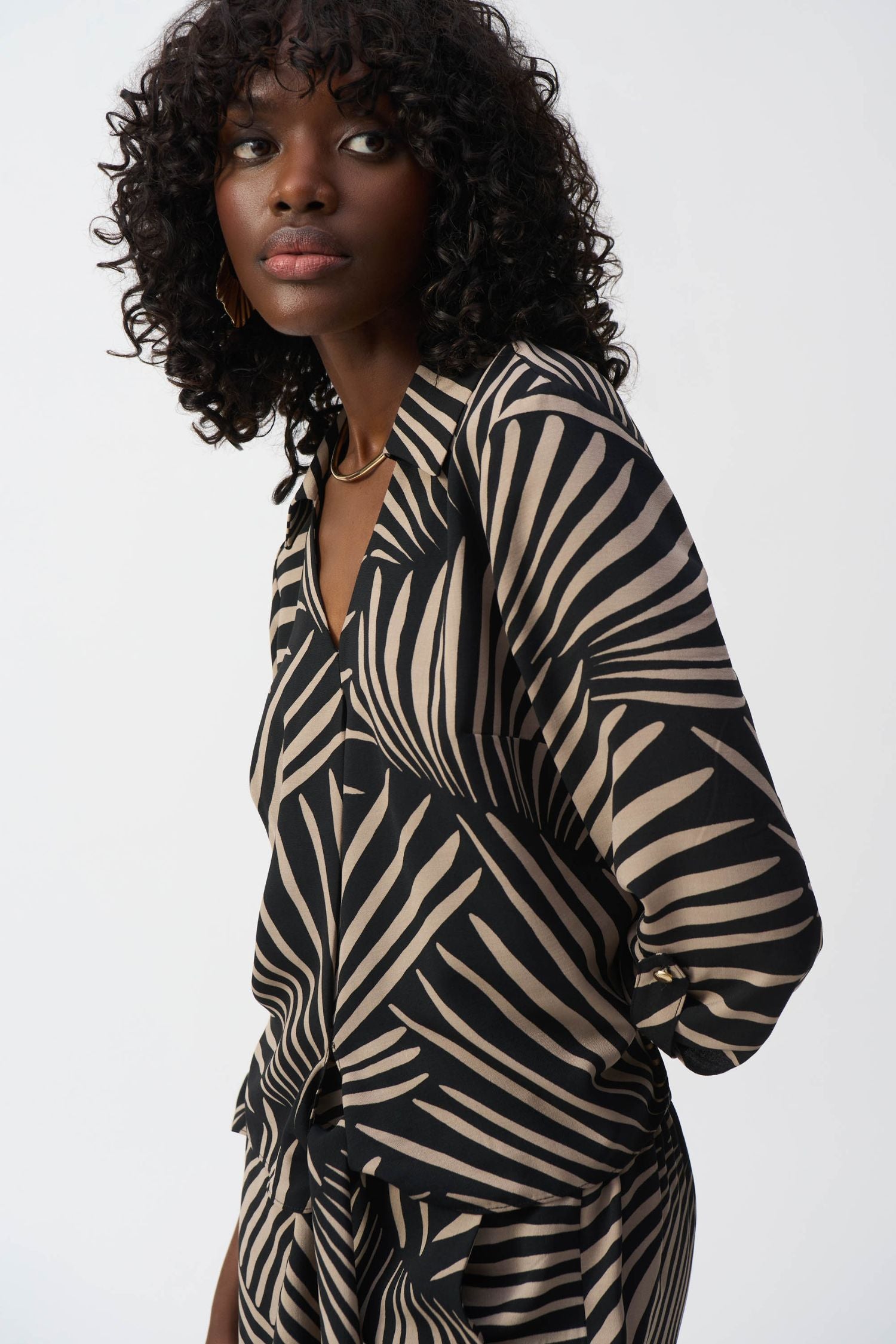 Side view of Joseph Ribkoff Gauze Tropical Print Top with Tie - Style 251083-BLK/DN