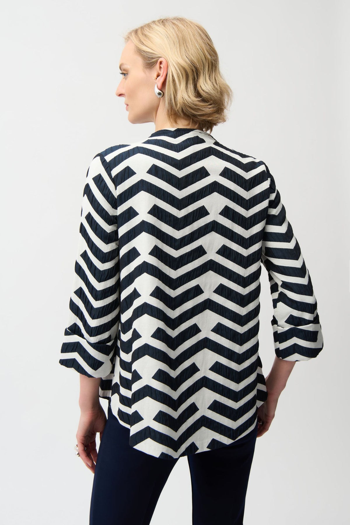 Back view of Joseph Ribkoff Geometric Jacquard Trapeze Jacket – Style 261097