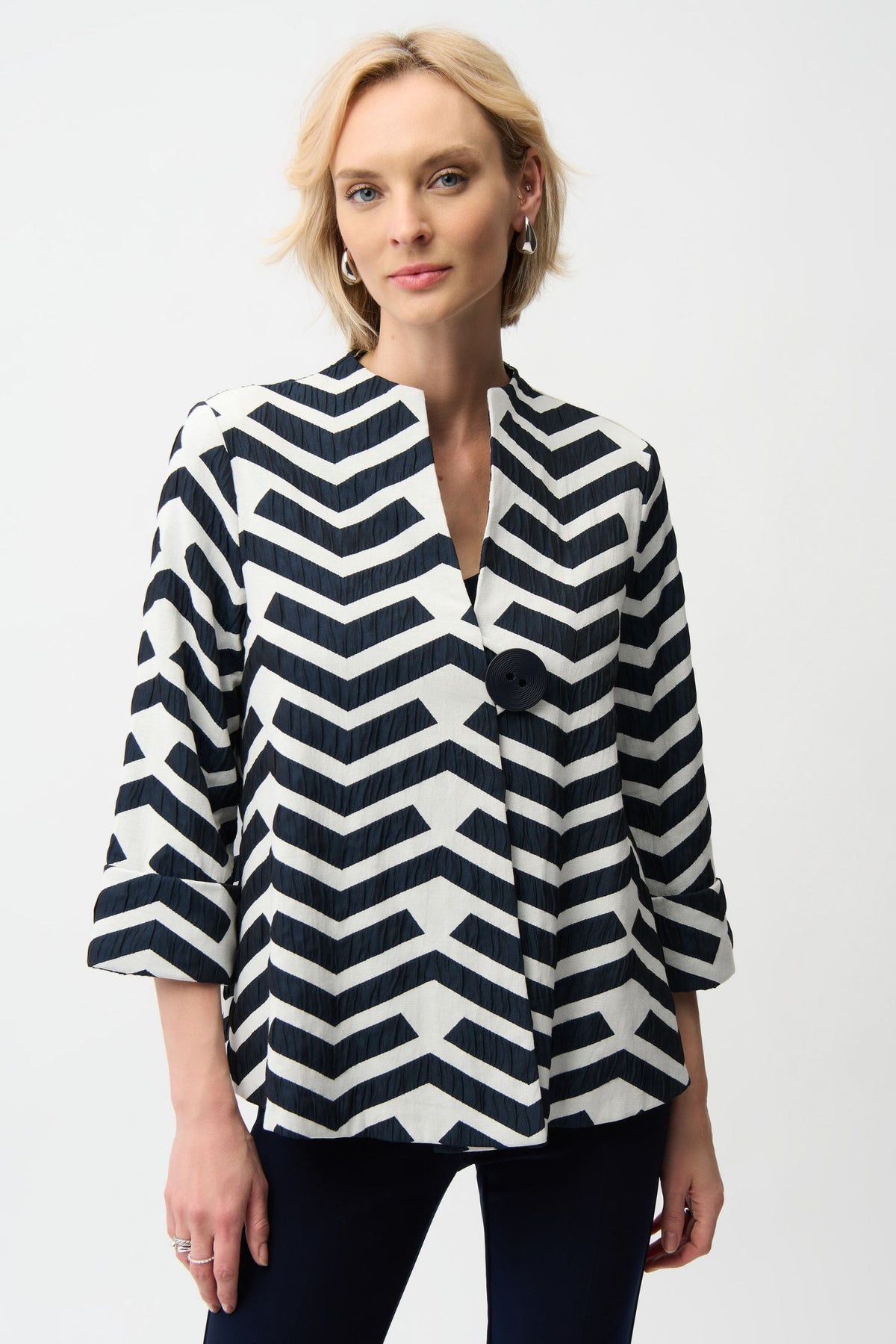 Front view of Joseph Ribkoff Geometric Jacquard Trapeze Jacket – Style 261097