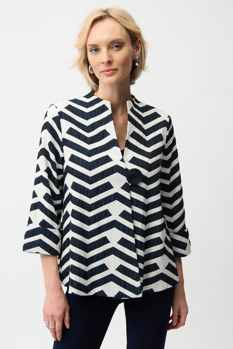 Front view of Joseph Ribkoff Geometric Jacquard Trapeze Jacket – Style 261097
