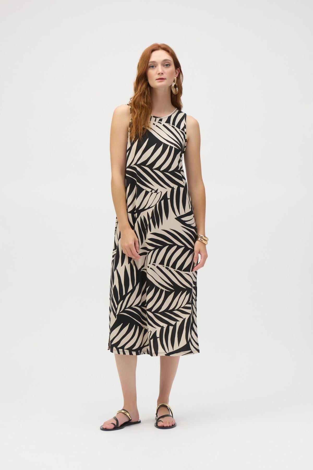 Front view of Joseph Ribkoff Jersey Tropical Print A-Line Dress - Style 252031