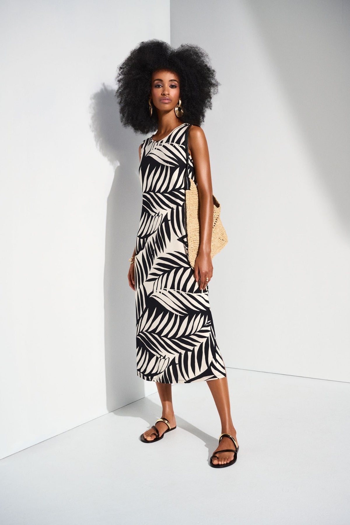 Lifestyle view of Joseph Ribkoff Jersey Tropical Print A-Line Dress - Style 252031
