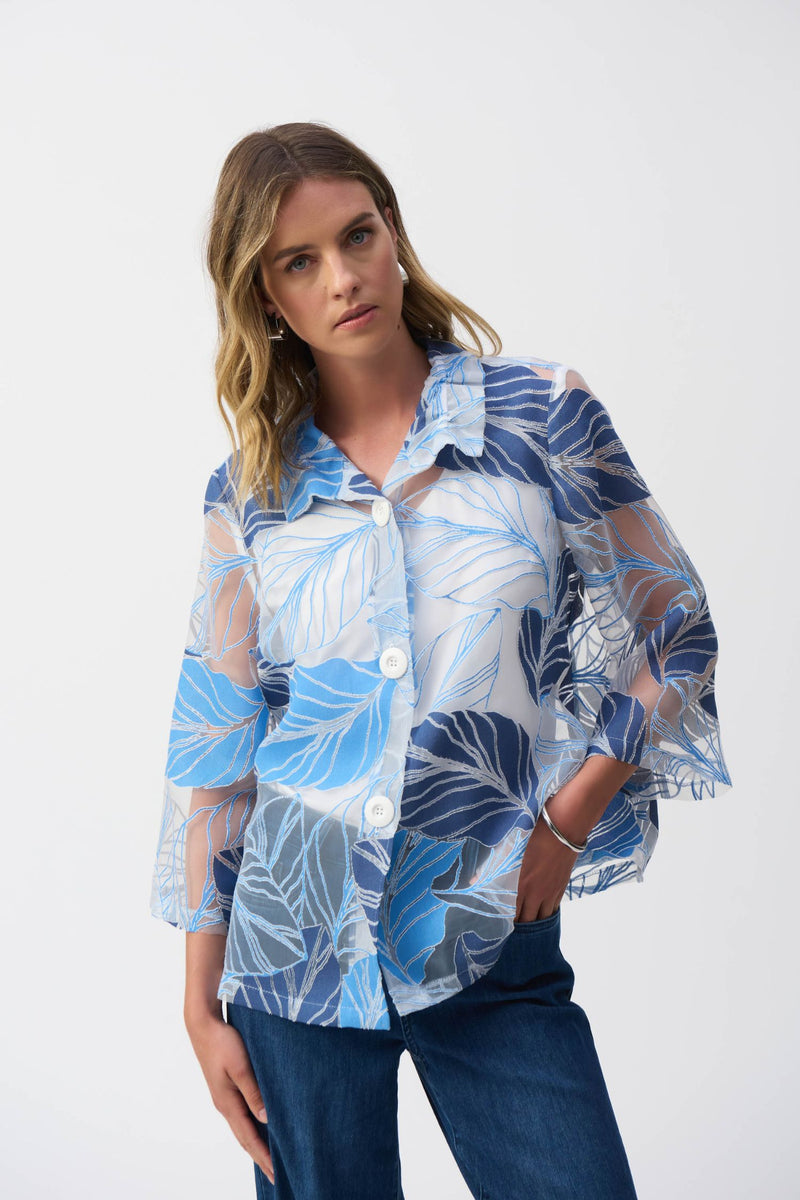 Joseph Ribkoff Leaf-Print Trapeze Jacket - Style 251135, front
