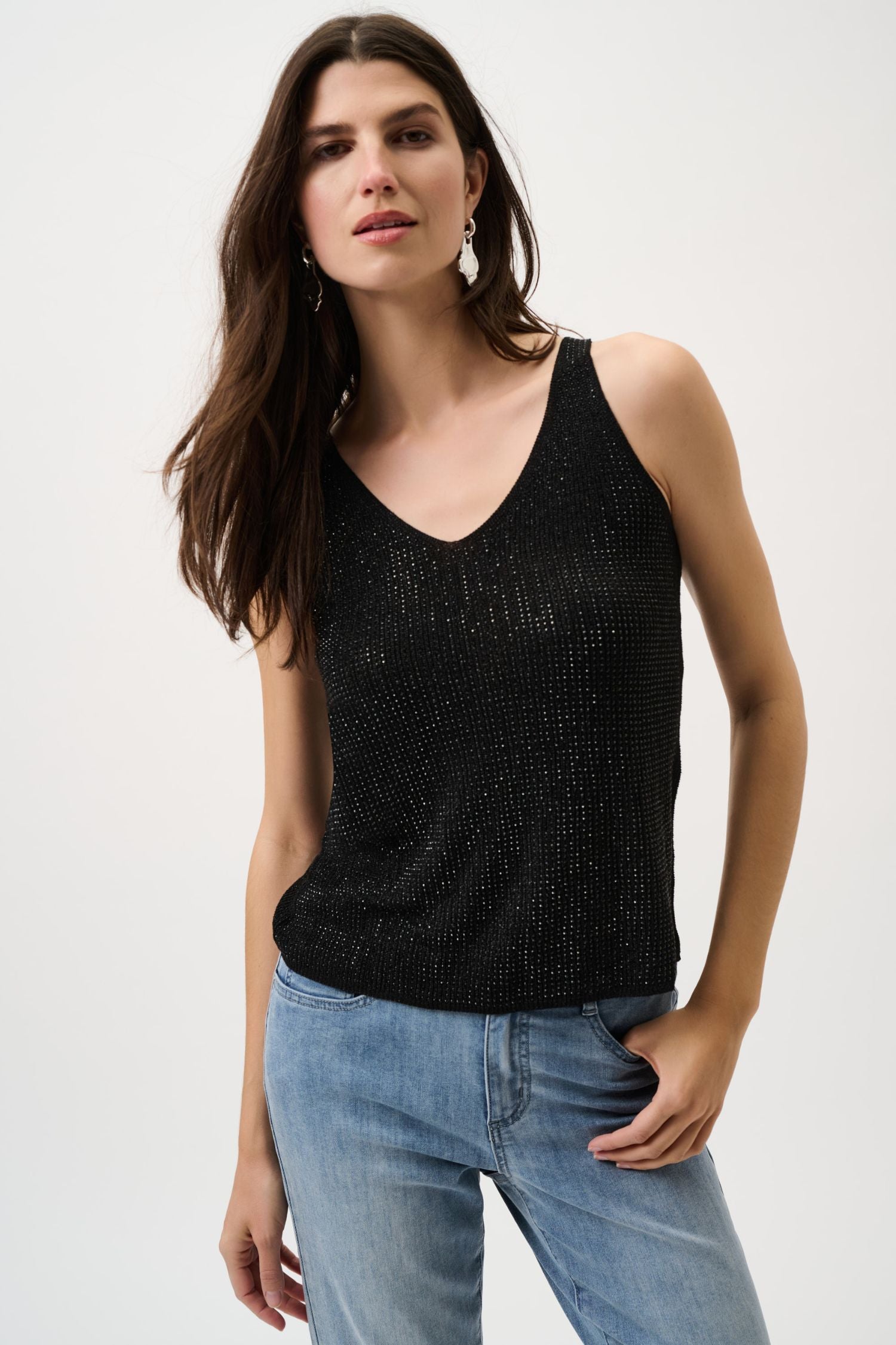 Front view of Joseph Ribkoff Metallic Knit Camisole - Style 252915-BLK