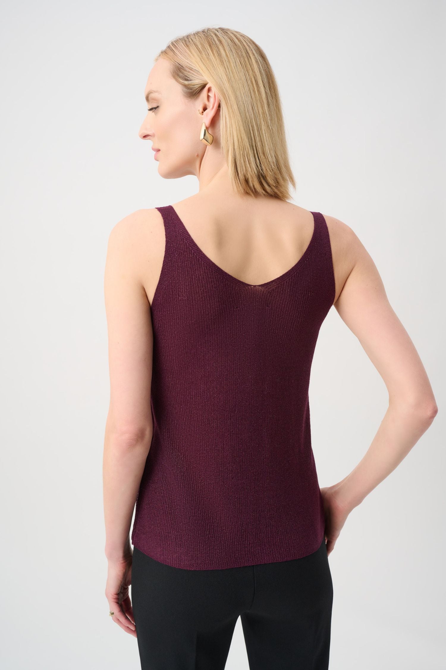 Back view of Joseph Ribkoff Metallic Knit Camisole - Style 252915 in elderberry