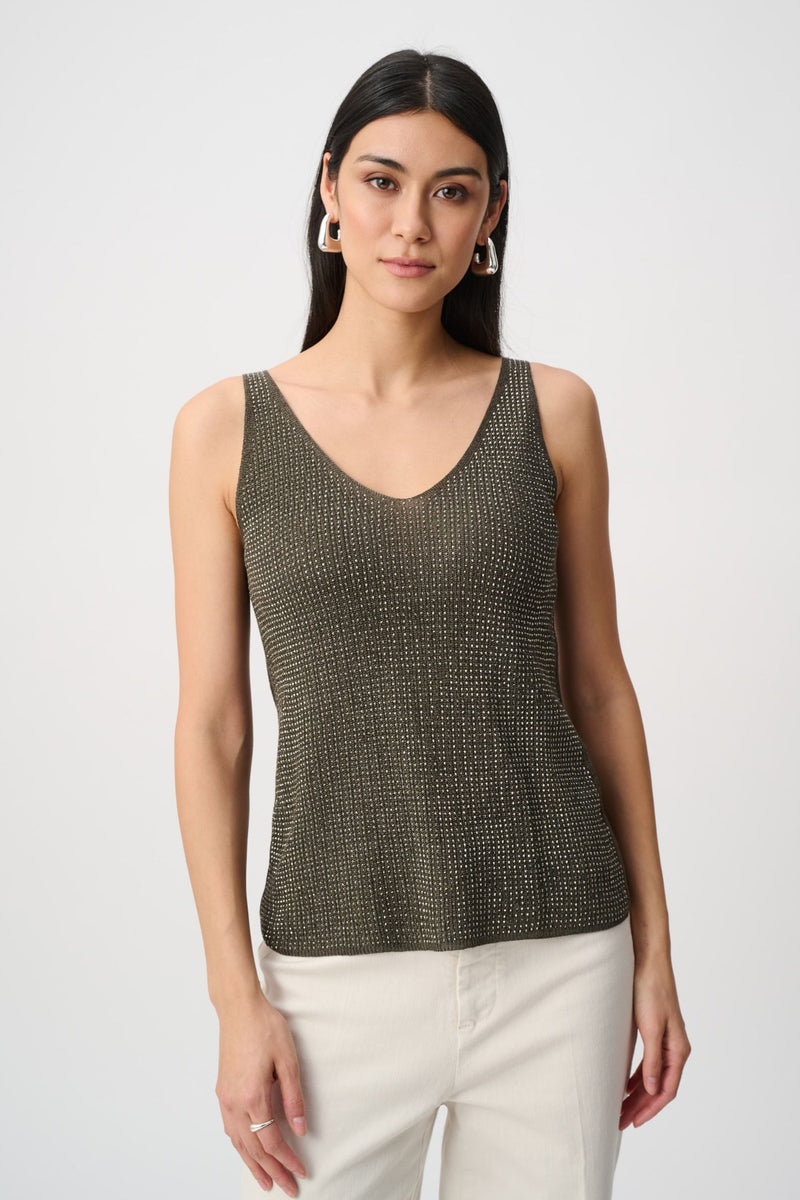Front view of Joseph Ribkoff Metallic Knit Camisole - Style 252915 in avocado