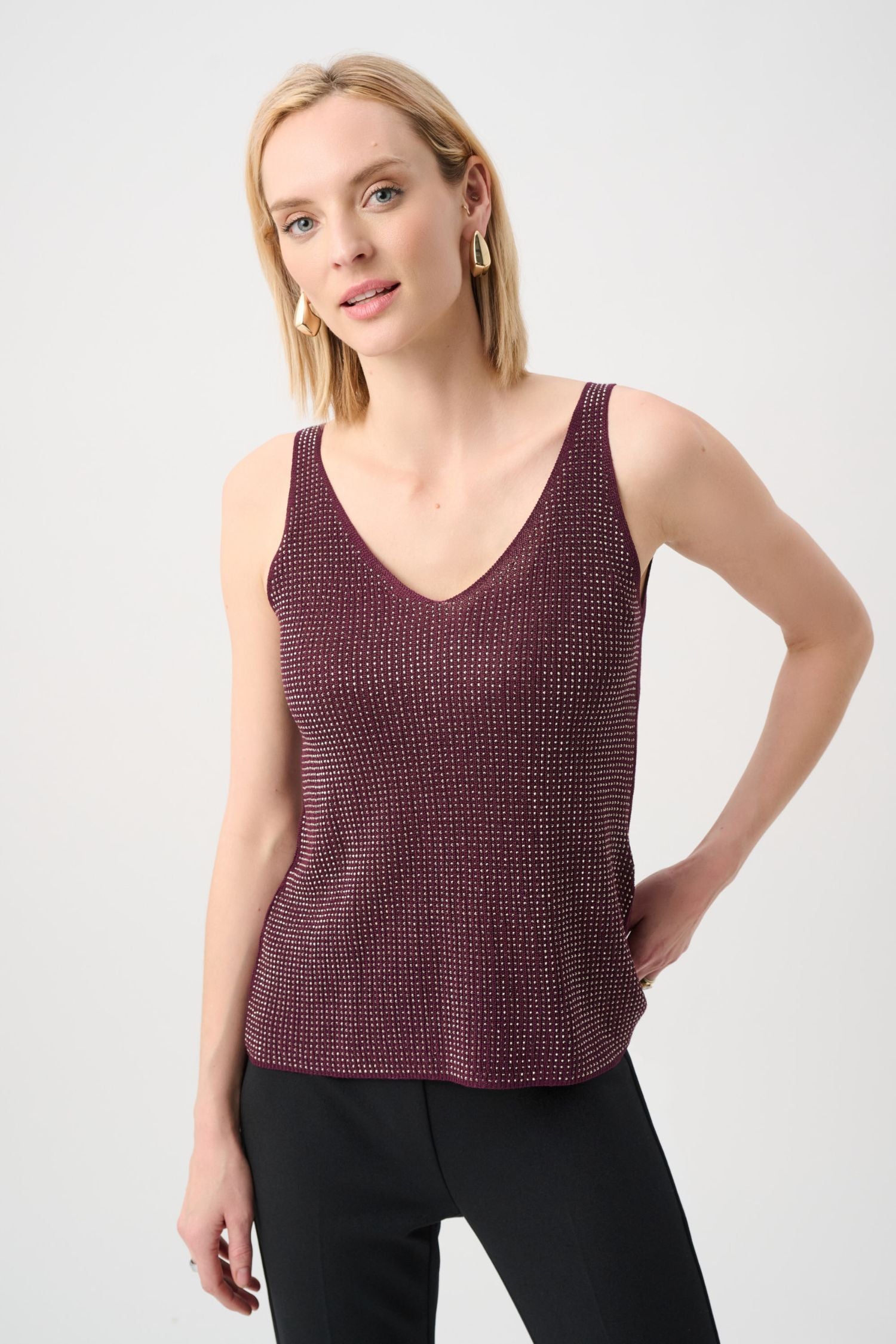 Front view of Joseph Ribkoff Metallic Knit Camisole - Style 252915 in elderberry