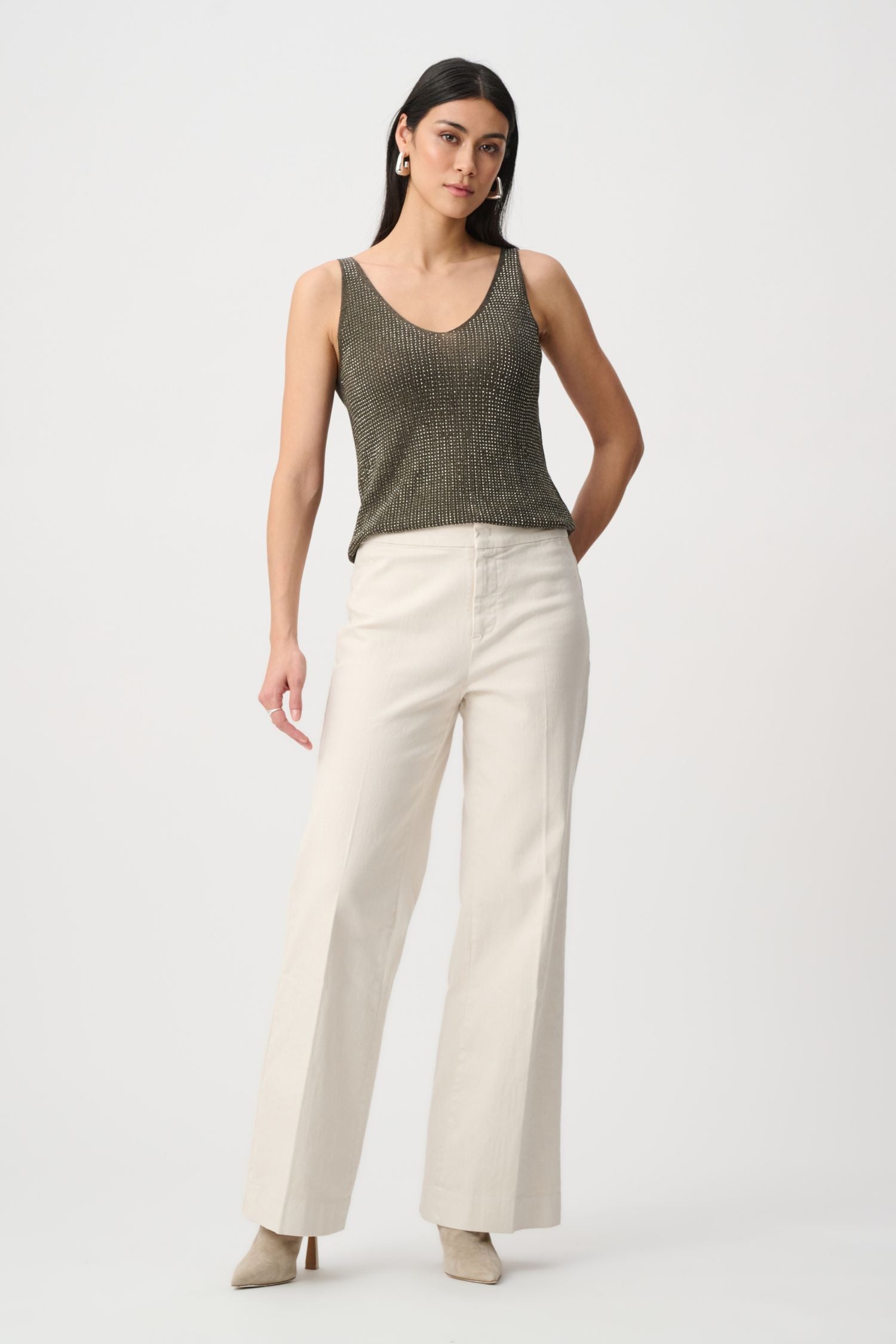 Outfit view of Joseph Ribkoff Metallic Knit Camisole - Style 252915 in avocado