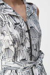 Closeup front view of Joseph Ribkoff Millennium Conversational Print Sheath Dress - Style 251241-VAN/BLK