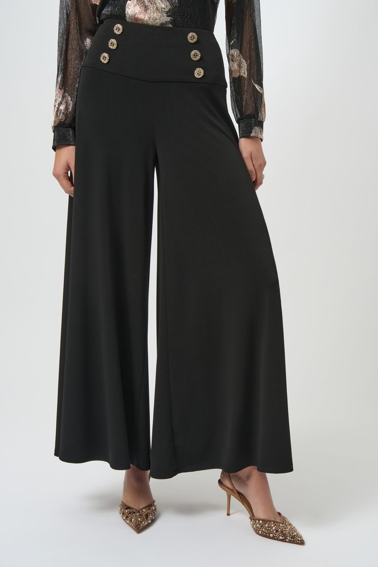 Front view of Joseph Ribkoff Moss Crepe Knit Flared Pants - Style 254178-BLK in black
