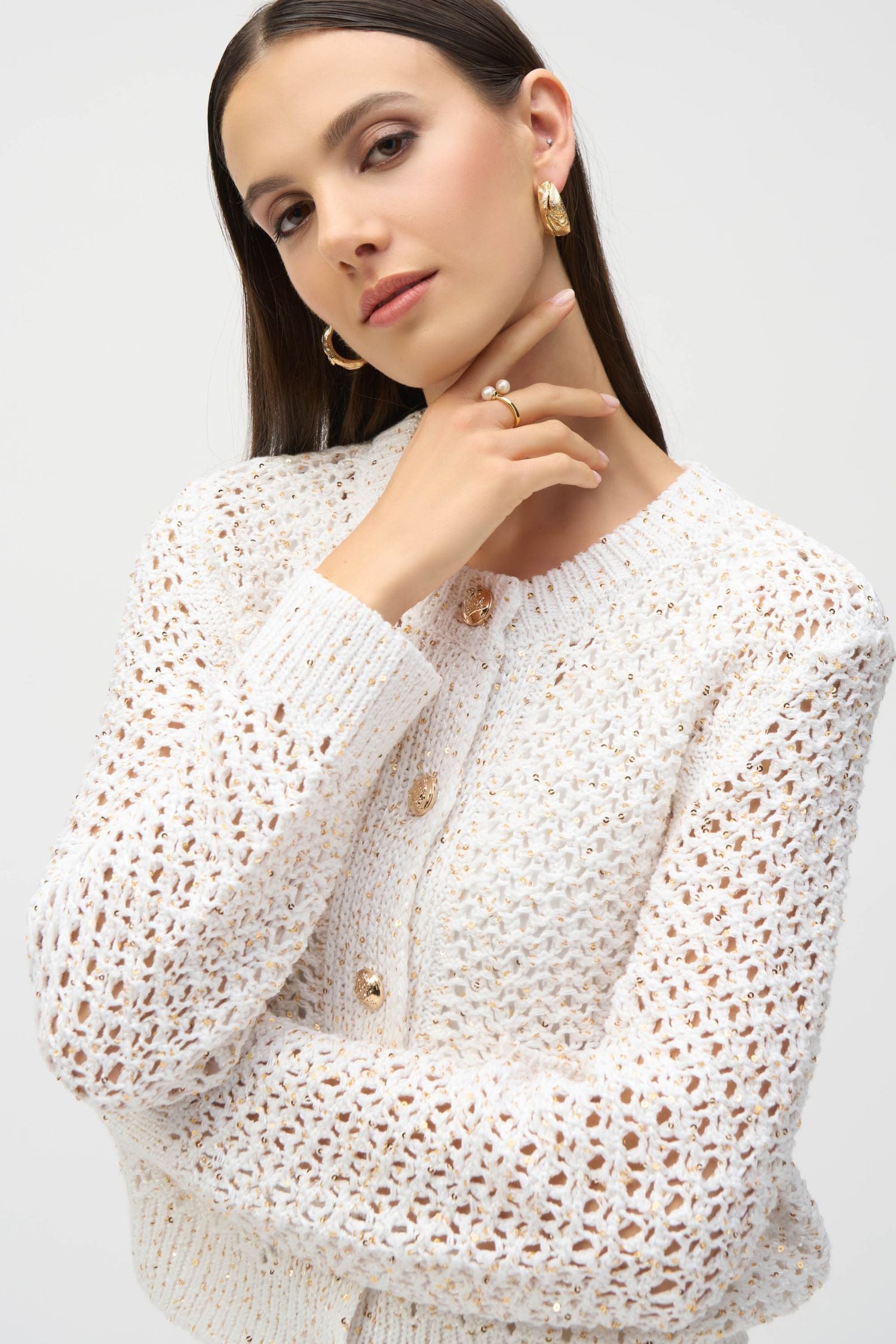 Front closeup view of Joseph Ribkoff Open-Knit Cardigan with Gold Flecks - Style 252917