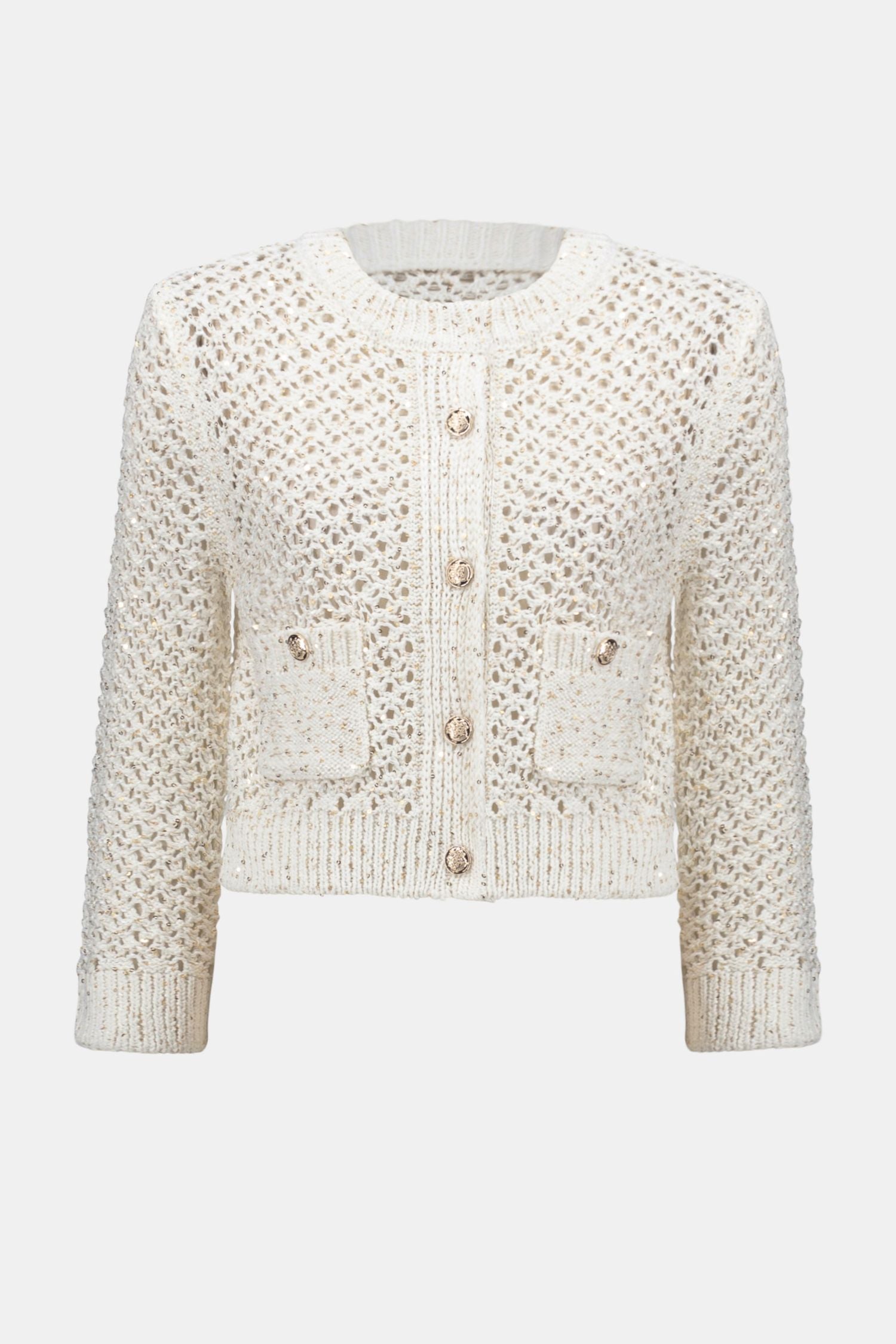 Off model view of Joseph Ribkoff Open-Knit Cardigan with Gold Flecks - Style 252917