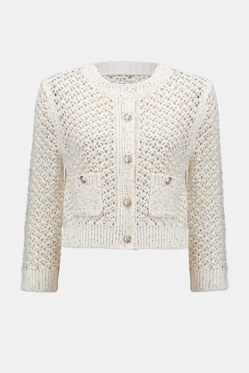 Off model view of Joseph Ribkoff Open-Knit Cardigan with Gold Flecks - Style 252917