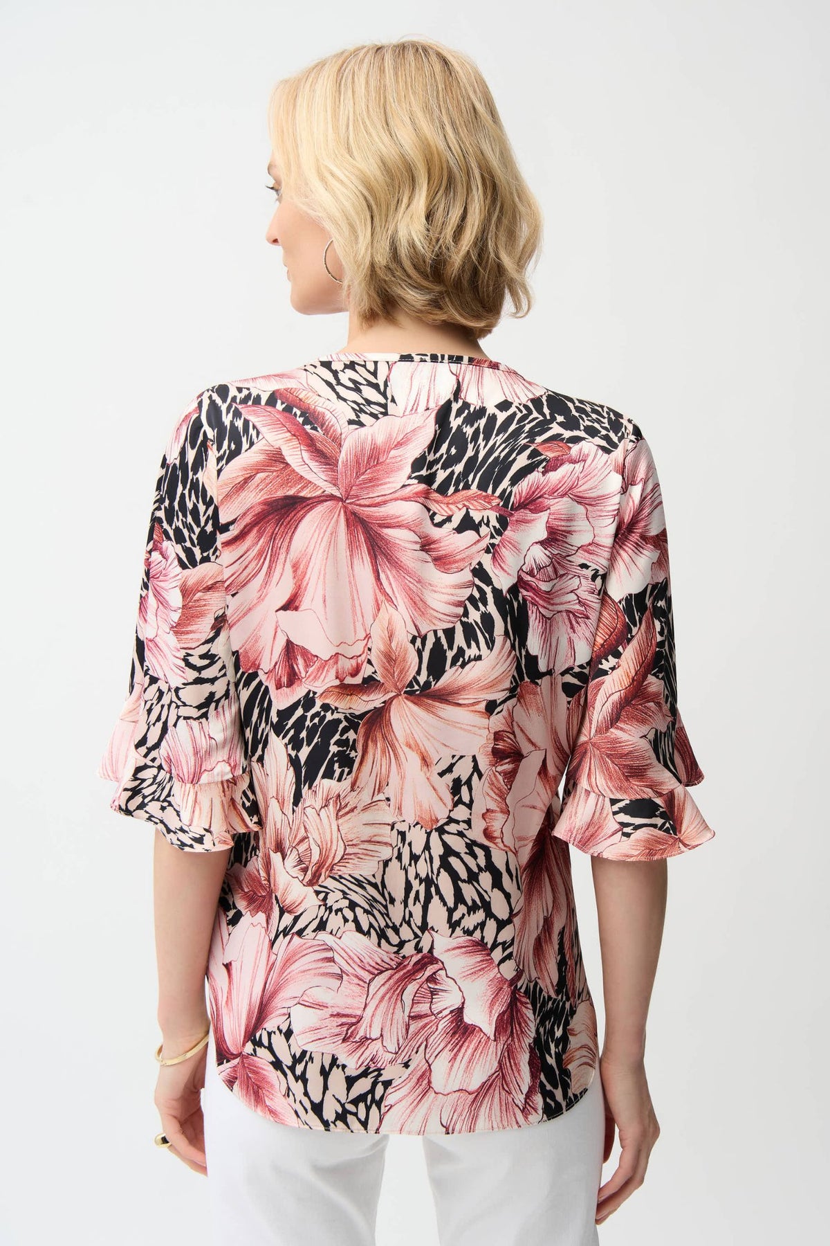 Back view of Joseph Ribkoff Recycled Satin Floral Print Straight Top – Style 261068