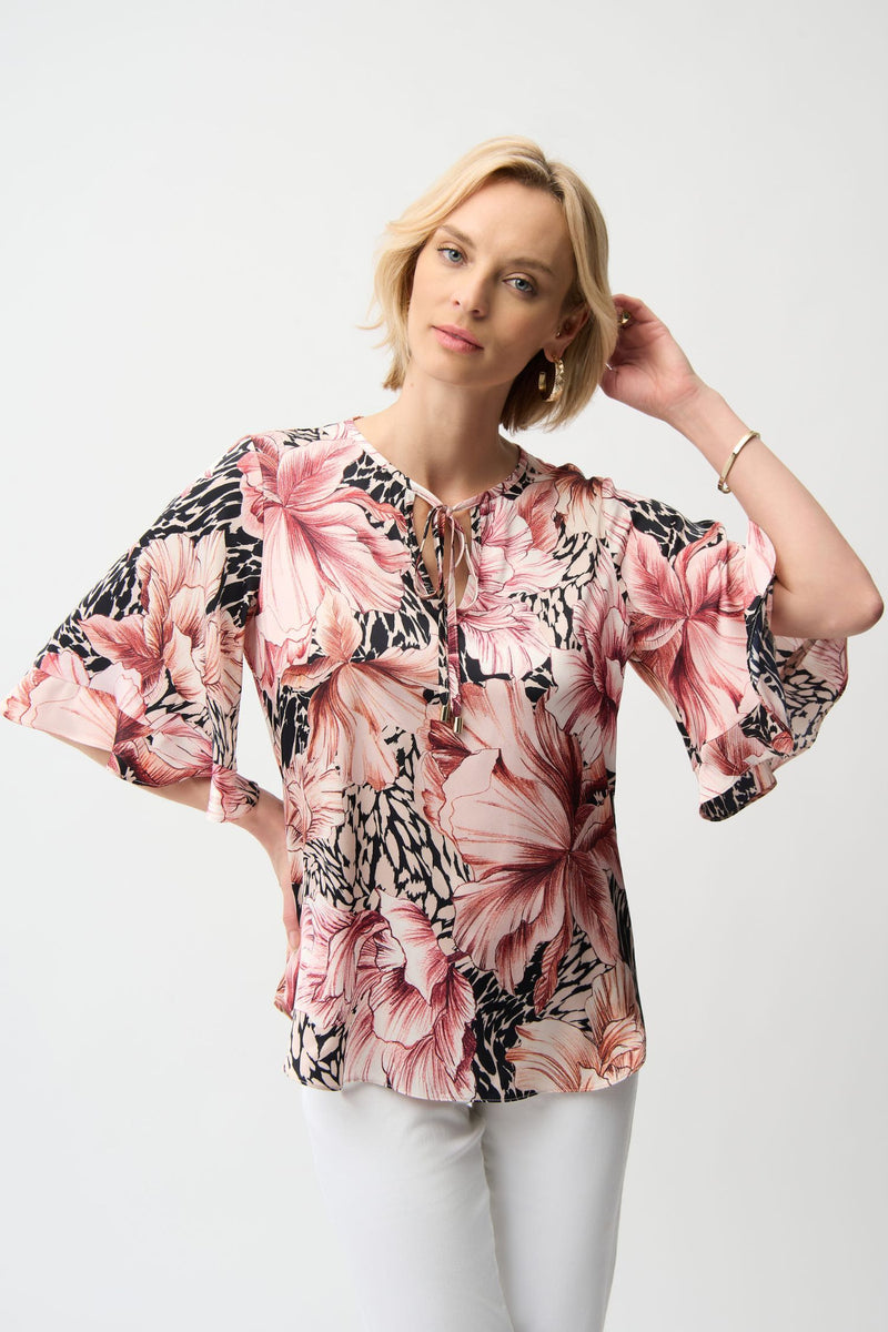 Front view of Joseph Ribkoff Recycled Satin Floral Print Straight Top – Style 261068