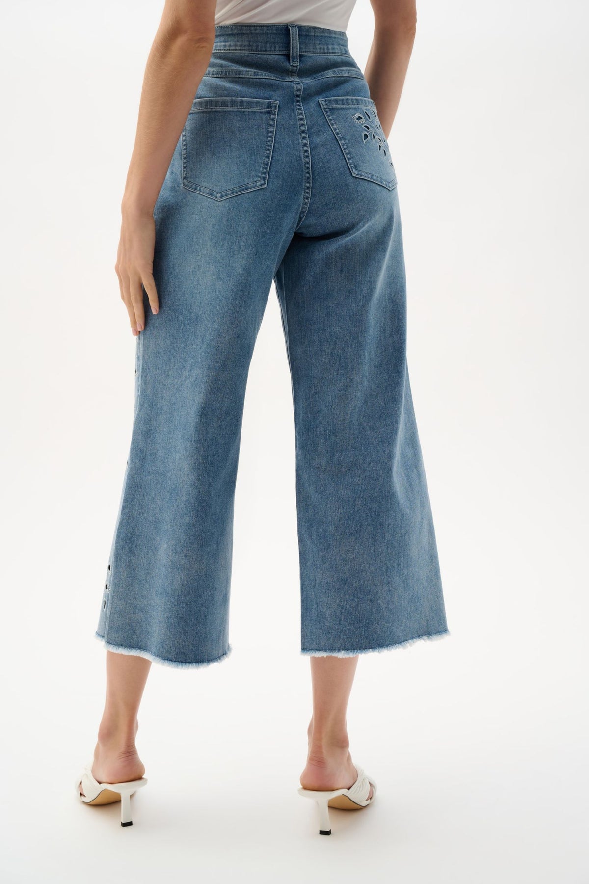 Back view of Joseph Ribkoff Repreve® Denim Wide Leg Crop Jeans with Embroidery – Style 262915