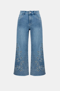Flat lay view of Joseph Ribkoff Repreve® Denim Wide Leg Crop Jeans with Embroidery – Style 262915