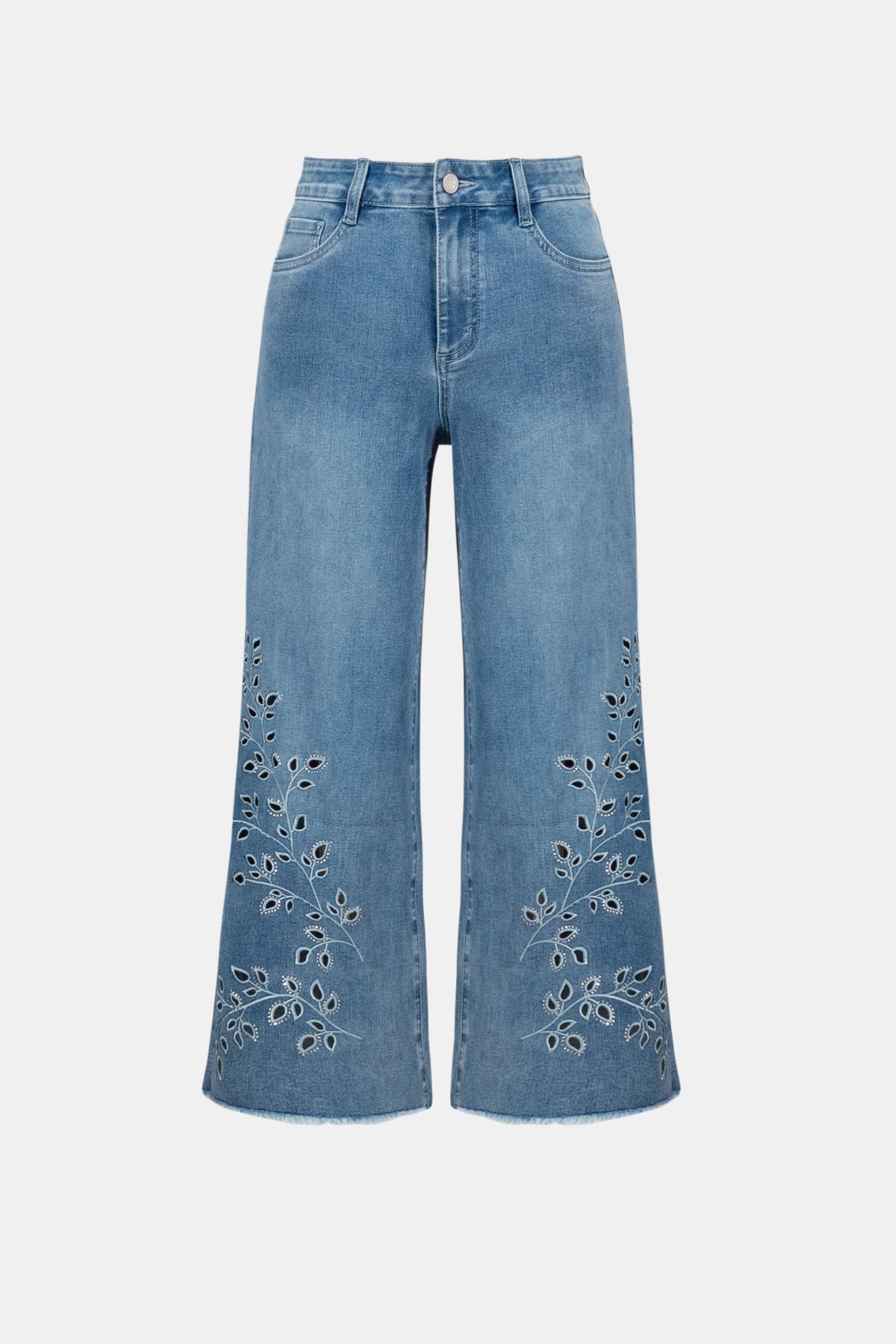 Flat lay view of Joseph Ribkoff Repreve® Denim Wide Leg Crop Jeans with Embroidery – Style 262915