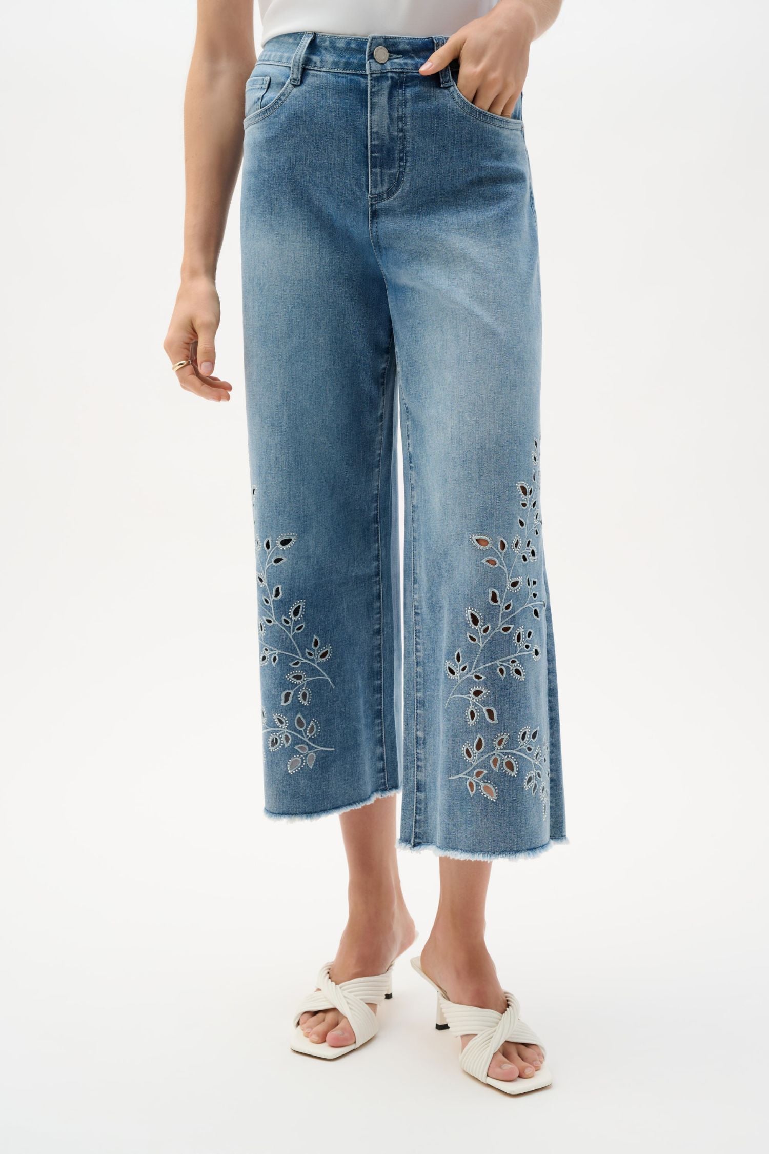 Front view of Joseph Ribkoff Repreve® Denim Wide Leg Crop Jeans with Embroidery – Style 262915