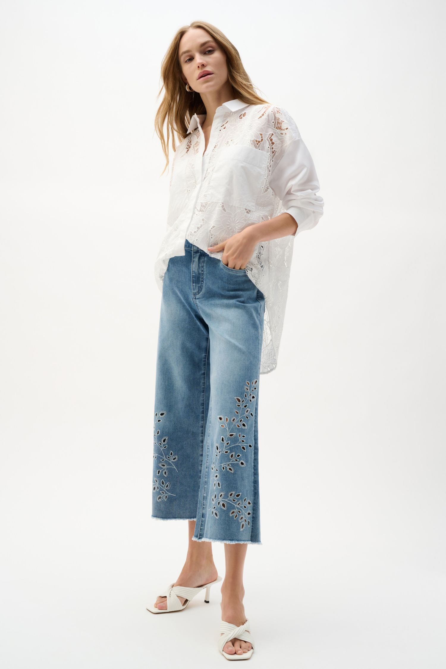 Outfiew view of Joseph Ribkoff Repreve® Denim Wide Leg Crop Jeans with Embroidery – Style 262915