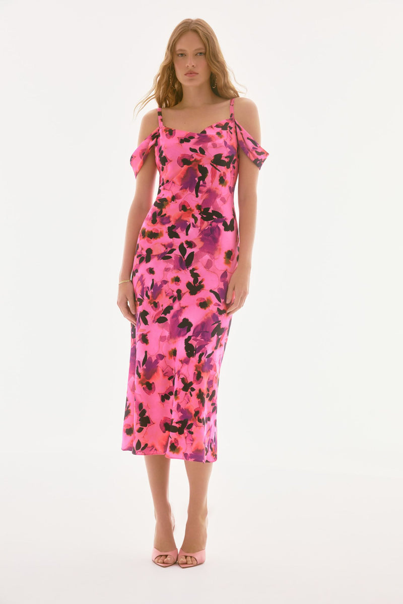 Front view of Joseph Ribkoff Satin Floral Sheath Dress - Style 251737