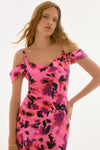 Front close up of Joseph Ribkoff Satin Floral Sheath Dress - Style 251737