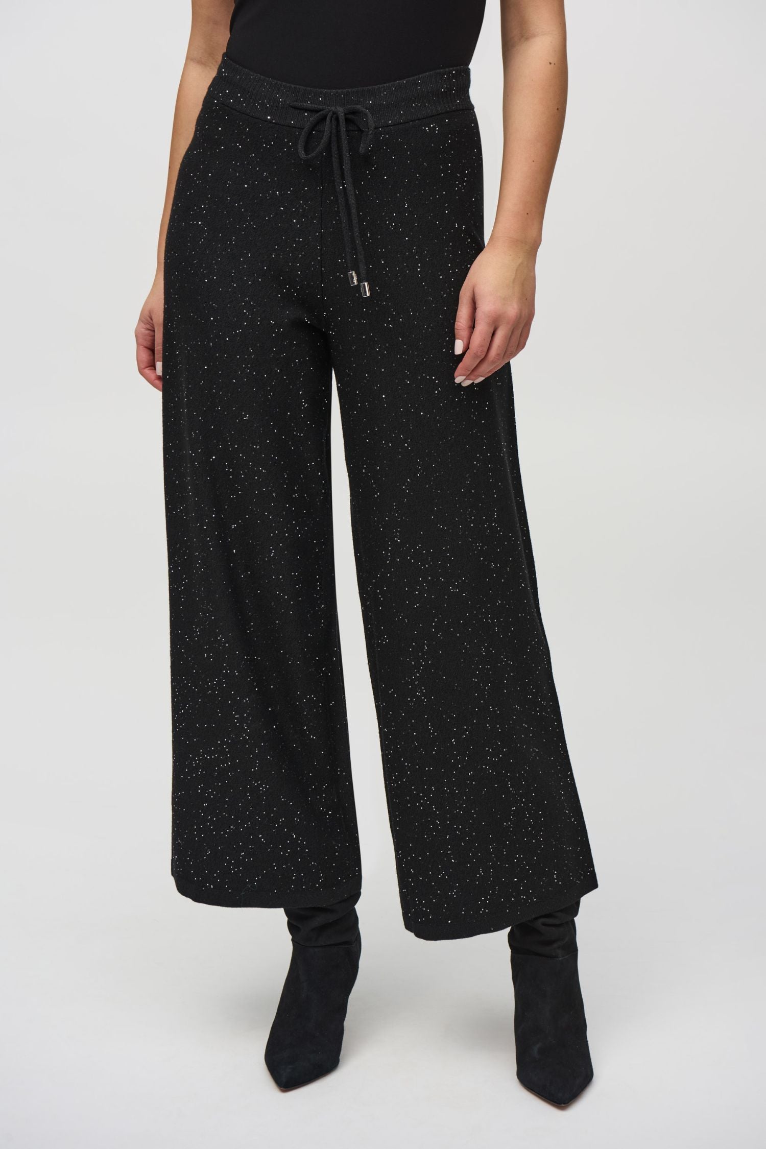 Front view of Joseph Ribkoff Sequined Sweater Knit Culotte Pants - Style 244922-BLK in black